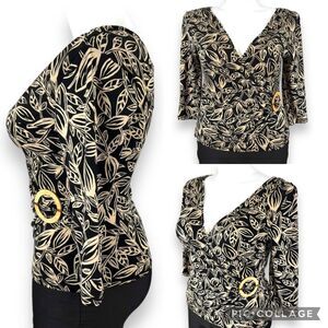 George Womens Blouse Top Faux Wrap V Neck Stretch Pullover Cream Black Large